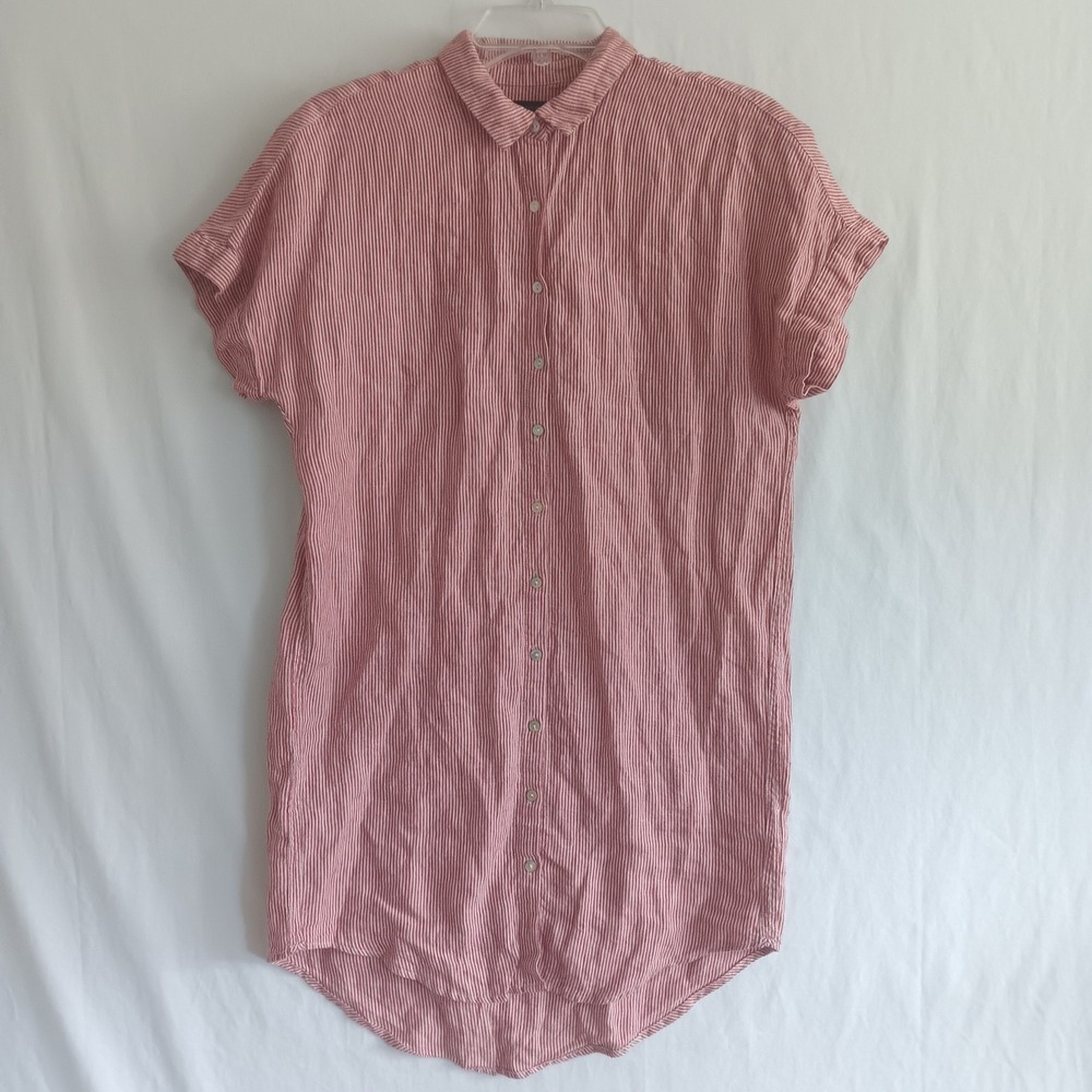 Tahari Shirt Dress Womens S Red 100% Linen Striped Button Front Mini